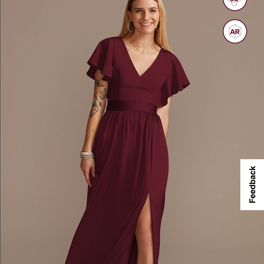 David’s Bridal bridesmaid dress Chianti Charmeuse vneck flutter sleeve